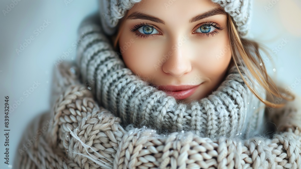 Smiling young woman in a snug knitted winter sweater Soft focus background, gentle, warm lighting