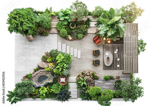 Top-down view of a beautifully landscaped garden with seating areas, pathways, and diverse greenery. Ideal for showcasing outdoor living and natural design. Isolate on white background.