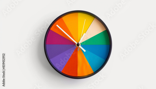 Modern wall clock with a colorful pie-chart style design. Represents the concept of time and vibrant scheduling.