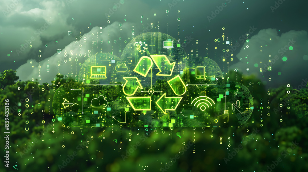 Photo realistic as Cloud computing and green technology with eco friendly symbols concept as Vector illustration showcasing sustainability and environmental impact in integrated cl Photo realistic as Cloud computing and green technology with eco friendly symbols concept as Vector illustration showcasing sustainability and environmental impact in integrated cl