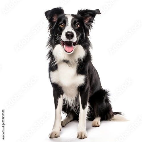 Energetic Black and White Border Collie Sitting and Smiling Isolated on White Background - Perfect for Pet and Animal Themes