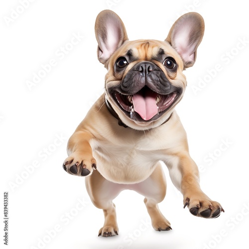 Energetic French Bulldog Puppy Jumping with Joy on White Background - Capturing the Playful Spirit of a Happy Pet in Motion