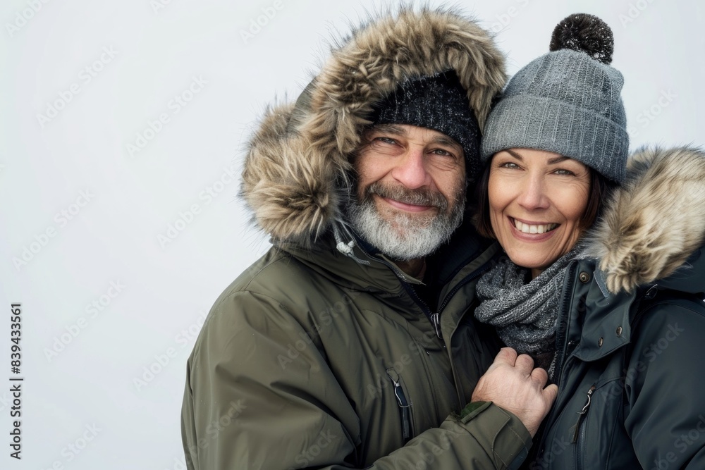 Portrait of a blissful couple in their 40s wearing a warm parka while standing against white background Portrait of a blissful couple in their 40s wearing a warm parka while standing against white background
