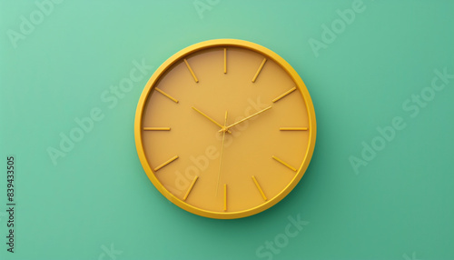 A simple yellow clock with no numbers, displayed on a vibrant green wall.