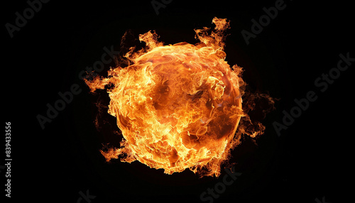 A fiery, burning sphere suspended in darkness, resembling a sun or ball of flames.
