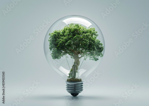 A conceptual image showing a miniature tree growing inside a clear lightbulb, symbolizing green energy or environmental awareness.