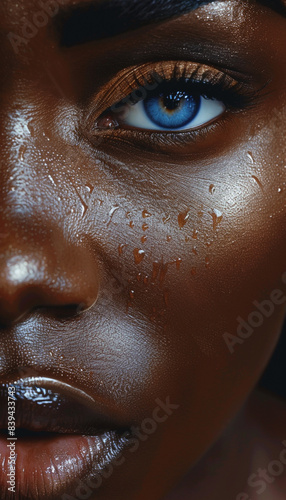 A striking close-up of a person's face with dark skin, showcasing bright blue eyes and small water droplets on their skin, highlighting their features with dramatic lighting.