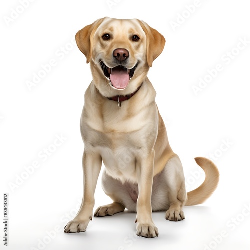 Happy Labrador Retriever Sitting on White Background, Smiling Dog with Golden Fur, Friendly Pet Portrait, Adorable Canine, Studio Shot, Animal Photography, Pet Lovers, Dog Enthusiasts, Stock Photo