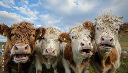 Four curious cows standing together, staring directly into the camera with expressive faces, in a rural setting under a partly cloudy sky.