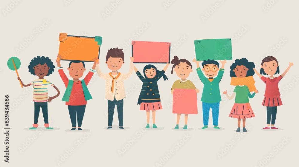 A 2D graphic of children from various cultures holding signs promoting education and equality A 2D graphic of children from various cultures holding signs promoting education and equality