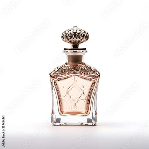 Elegant Vintage Perfume Bottle with Ornate Cap and Delicate Design, Isolated on White Background, Capturing the Essence of Luxury, Sophistication, and Timeless Beauty in a Classic Glass Container