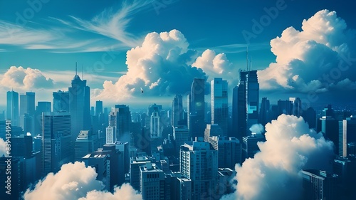 realistic aerial view photography of a illusiory city skyline with numerous high-rise buildings against a backdrop of a vivid blue sky with a formation of cumulus heavenly clouds Generative AI © Borys