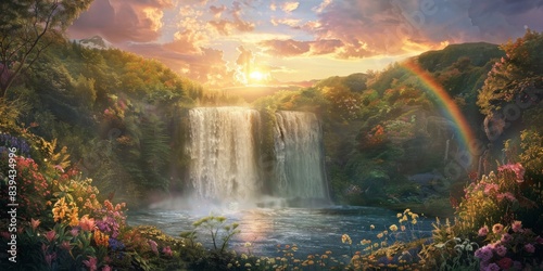 Rainbow and waterfall scene in a peaceful moment