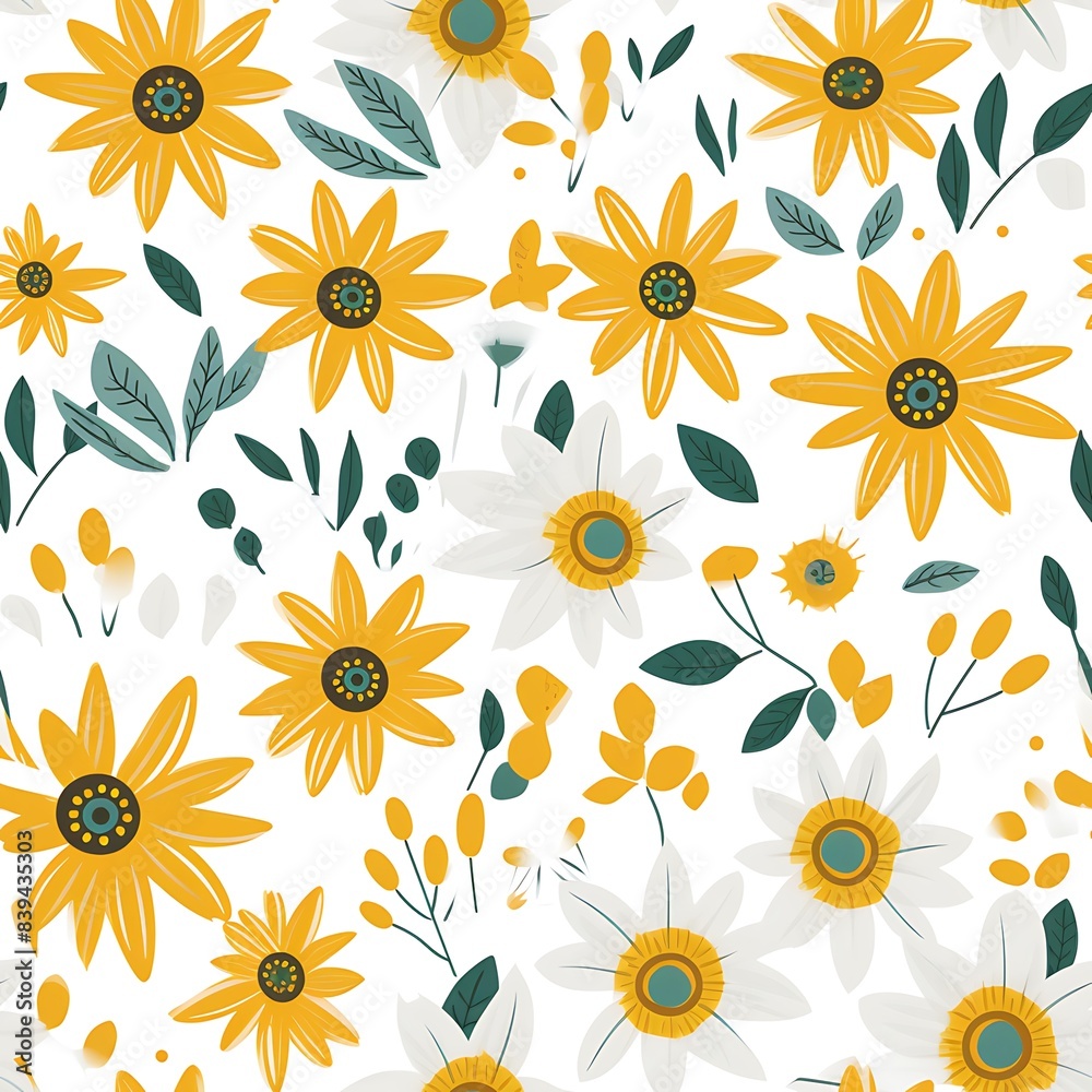 Seamless Floral Pattern with Yellow and White Flowers, Green Leaves on White Background - Perfect for Fabric, Wallpaper, and Digital Design Projects