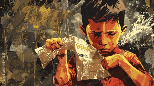 A detailed illustration of a child tearing a 
