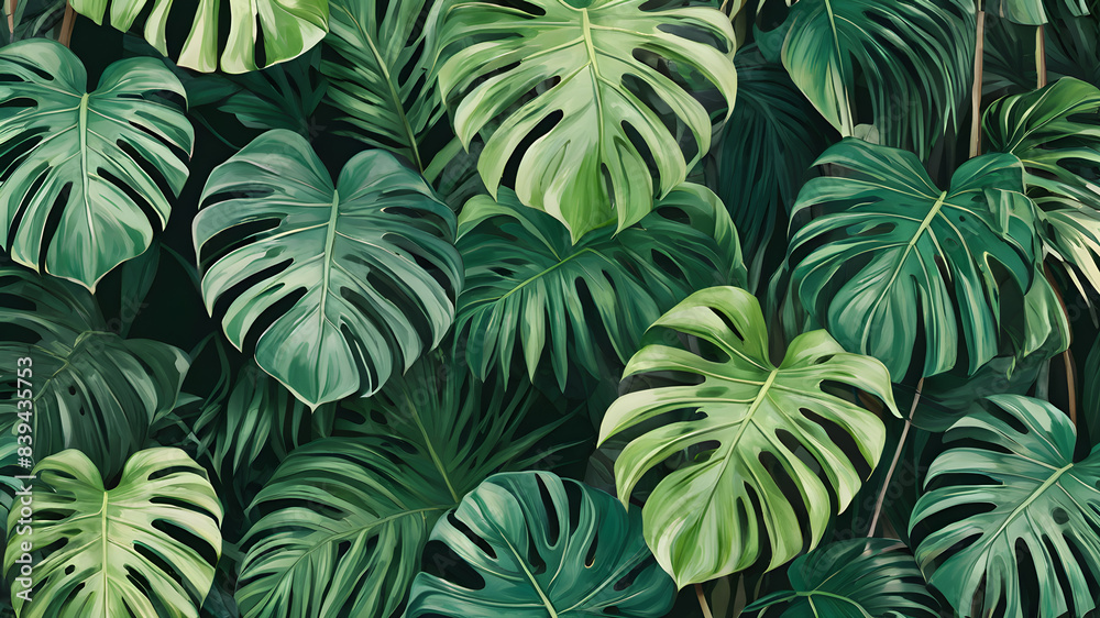 custom made wallpaper toronto digitalAbstract foliage and botanical background. Green tropical forest wallpaper of monstera leaves, palm leaf, branches in hand drawn pattern. Exotic plants background for banner. Generative AI