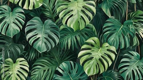 Wallpaper Mural Abstract foliage and botanical background. Green tropical forest wallpaper of monstera leaves, palm leaf, branches in hand drawn pattern. Exotic plants background for banner. Generative AI Torontodigital.ca