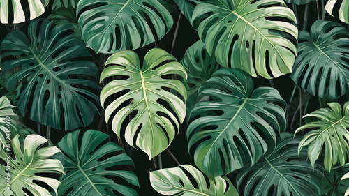 Wallpaper Mural Abstract foliage and botanical background. Green tropical forest wallpaper of monstera leaves, palm leaf, branches in hand drawn pattern. Exotic plants background for banner. Generative AI Torontodigital.ca