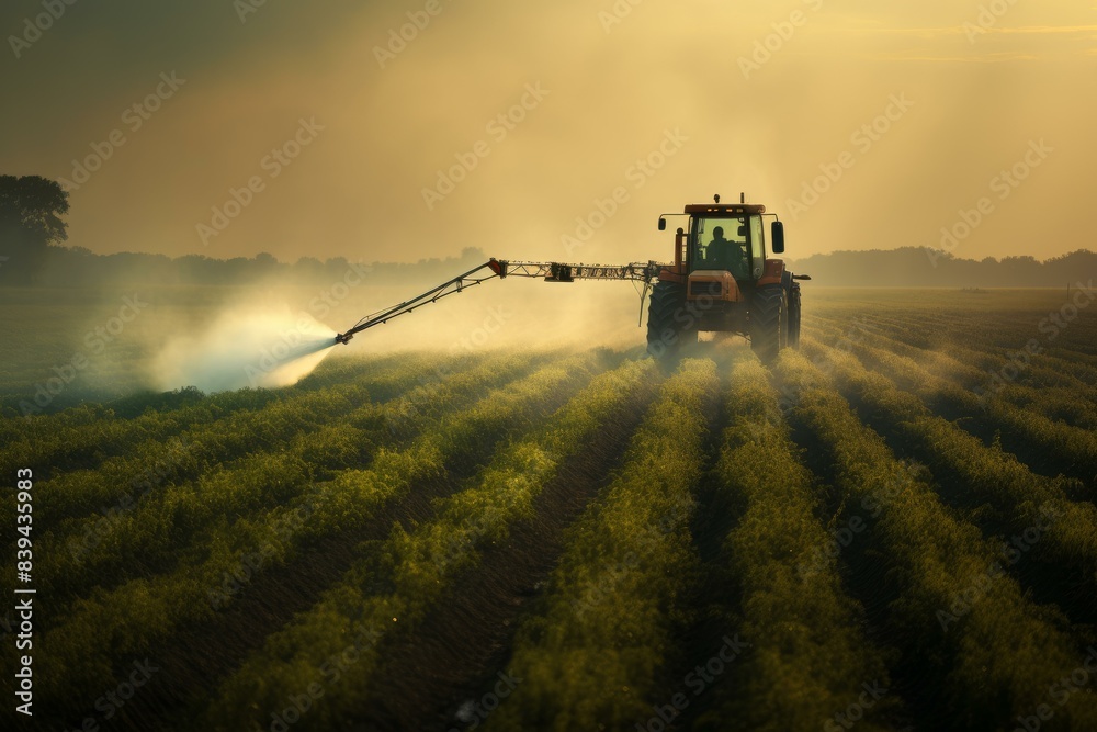 Fototapeta premium Vital Tractor field spraying work. Chemical land. Generate Ai