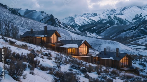 Eco-Friendly Mountain Retreat with Rustic Cabins and Snow-Capped Peaks photo