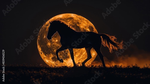 A black horse runs in front of a fiery full moon at night.