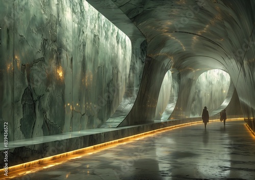 man walking tunnel waterfall still batman stone walls pillars white marble interior architects syndicate long flowing cape cowl