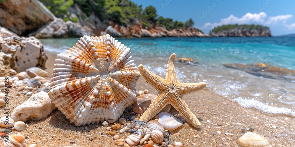 Sea water, sand and sea shells as background. Summer beach. Summer background.