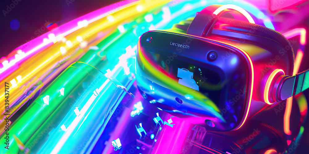 The Electric Rainbow of E-Learning: A brightly colored online course platform, with a VR headset and a holographic teacher.