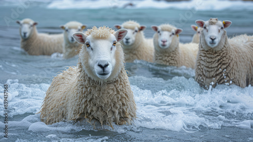 sheep standing in water by the sea