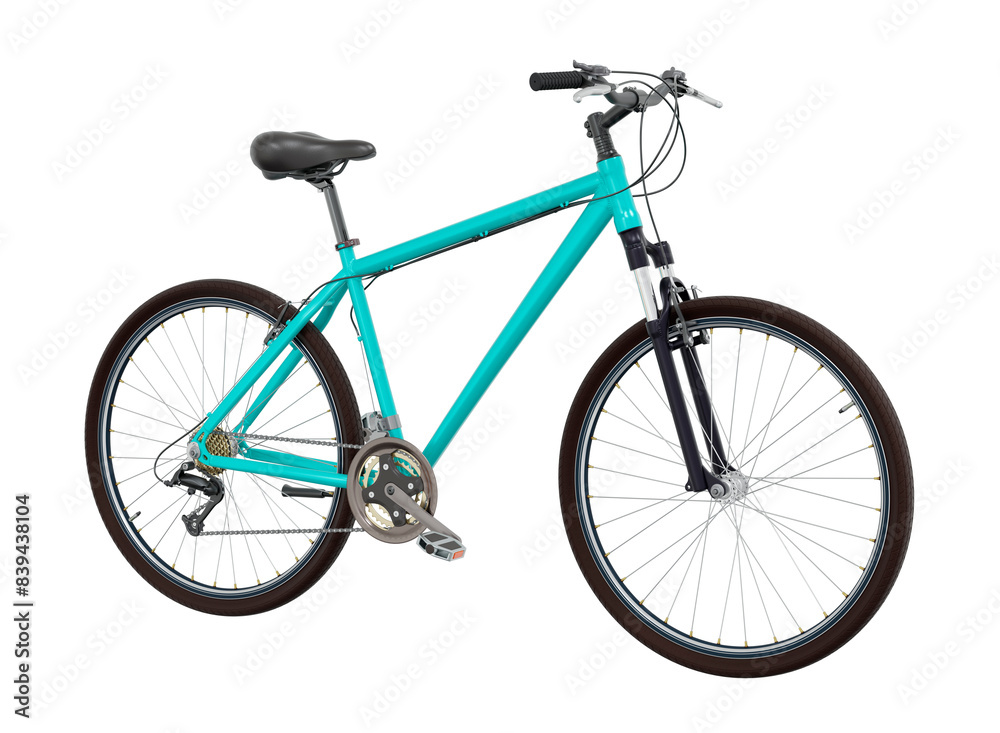 Blue teal bicycle, side front view. Black leather saddle and handles. Png clipart isolated on transparent background Blue teal bicycle, side front view. Black leather saddle and handles. Png clipart isolated on transparent background