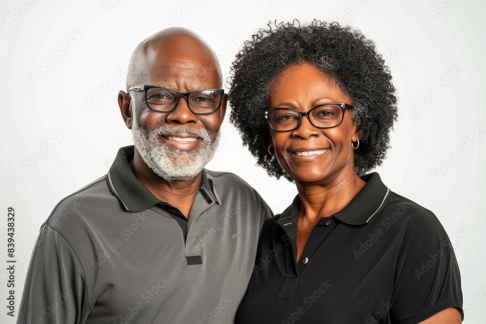 Portrait of a glad afro-american couple in their 60s wearing a breathable golf polo on white background Portrait of a glad afro-american couple in their 60s wearing a breathable golf polo on white background