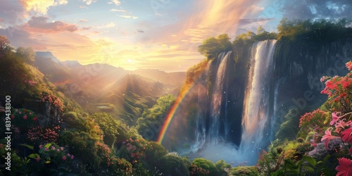 Rainbow and waterfall scene in a peaceful environment