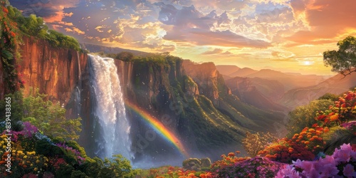 Rainbow and waterfall scene in a serene moment