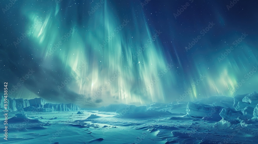 Naklejka premium A breathtaking display of the aurora borealis, vibrant green lights dance across the night sky above a frozen, icy landscape.