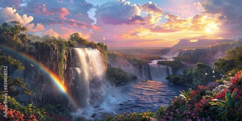 Rainbow and waterfall scene in a serene nature