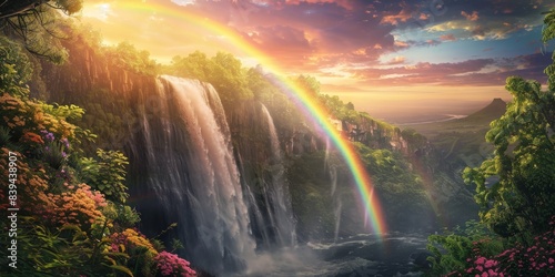 Rainbow and waterfall scene in a calm view © Wilujeng Graphic