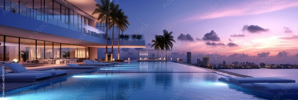 Elegant architecture of a modern building with a pristine swimming pool, located in a beautiful Florida area Elegant architecture of a modern building with a pristine swimming pool, located in a beautiful Florida area