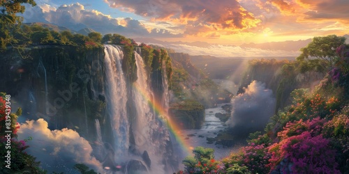 Rainbow and waterfall scene in a tranquil surroundings