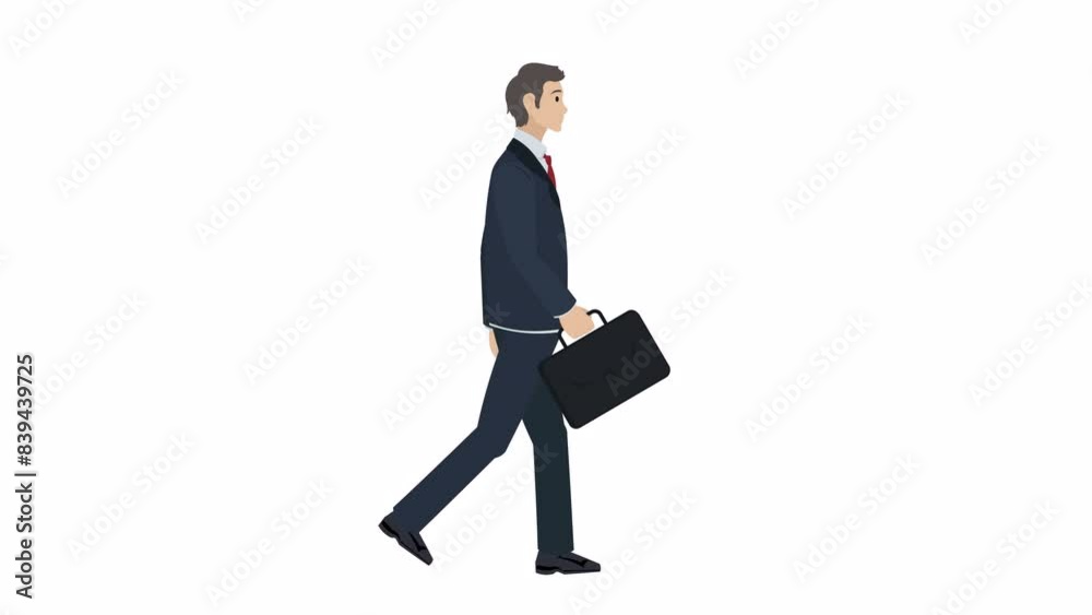 Looped animation of a cartoon businessman in a suit, walking with a briefcase against a white background. Perfect for presentations, websites. Second part of the animation includes Alpha Channel. 4k