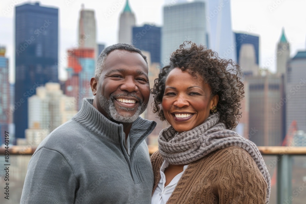 Portrait of a smiling afro-american couple in their 40s wearing a cozy sweater isolated in vibrant city skyline Portrait of a smiling afro-american couple in their 40s wearing a cozy sweater isolated in vibrant city skyline