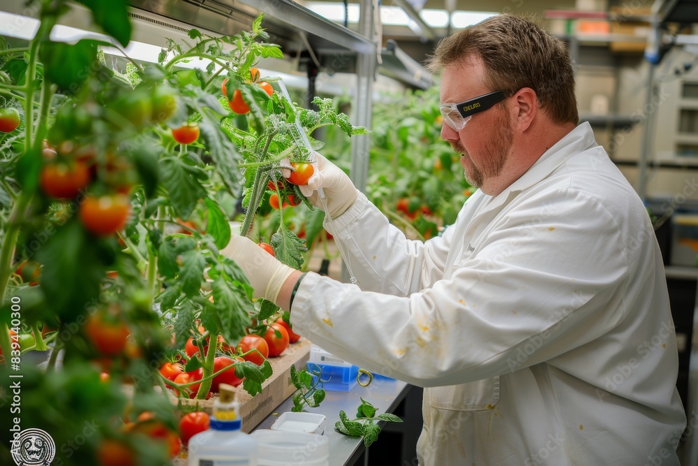 Scientist Examining Genetically Modified Tomato Plants in High-Tech Research Facility for Agricultural Advancements Scientist Examining Genetically Modified Tomato Plants in High-Tech Research Facility for Agricultural Advancements