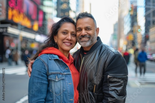 Portrait of a glad indian couple in their 40s wearing a trendy bomber jacket over vibrant city skyline