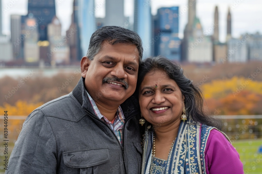 Portrait of a glad indian couple in their 40s wearing a trendy bomber jacket over vibrant city skyline