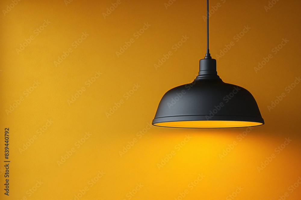 A lamp hangs on a yellow wall and illuminates it, space for text or presentation. Generative AI A lamp hangs on a yellow wall and illuminates it, space for text or presentation. Generative AI