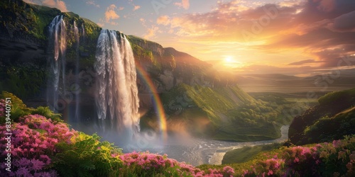 Rainbow and waterfall scene in a serene environment