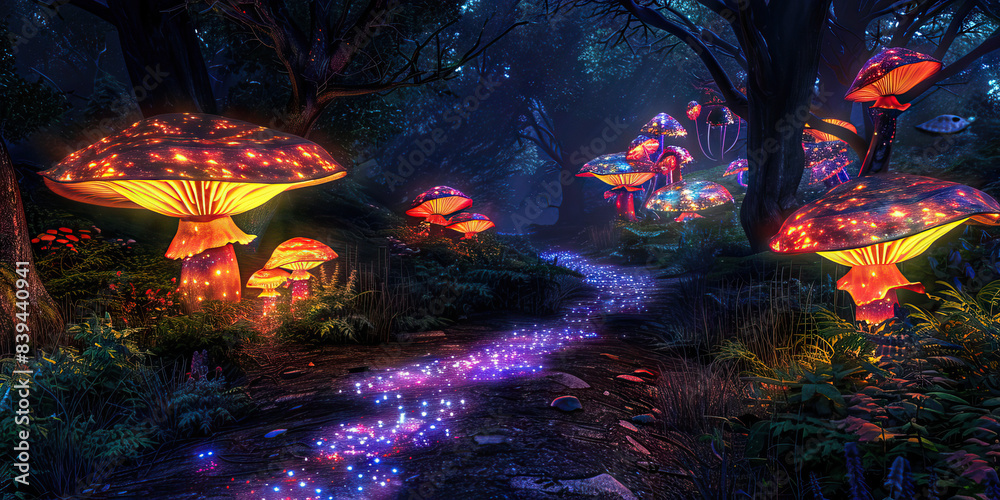 The Bioluminescent Bower: A forest path, illuminated by glowing mushrooms and bioluminescent plants. The Bioluminescent Bower: A forest path, illuminated by glowing mushrooms and bioluminescent plants.