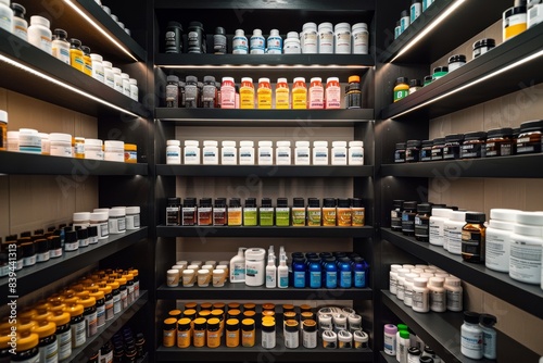 Sports Locker Room with Shelves of Supplements and Medications for Athletic Training and Recovery © spyrakot
