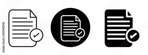 Black and white editable permit icon, permit document sheets icon, Three different types of paper with a check mark on them