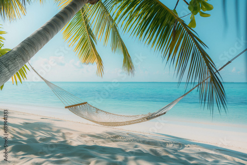 A hammock strung between palm trees on a beach, white sand, turquoise water in the background. Generative AI