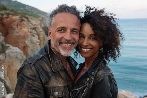 Portrait of a cheerful multicultural couple in their 40s sporting a classic leather jacket on tranquil ocean backdrop